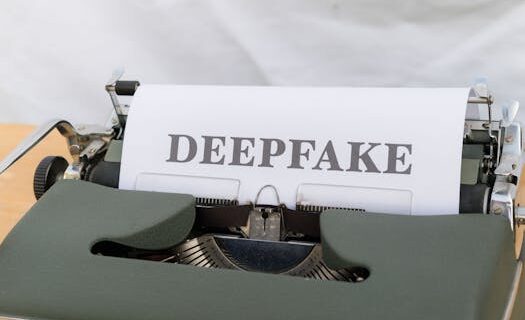 Old-fashioned typewriter with a paper labeled 'DEEPFAKE', symbolizing AI-generated content.